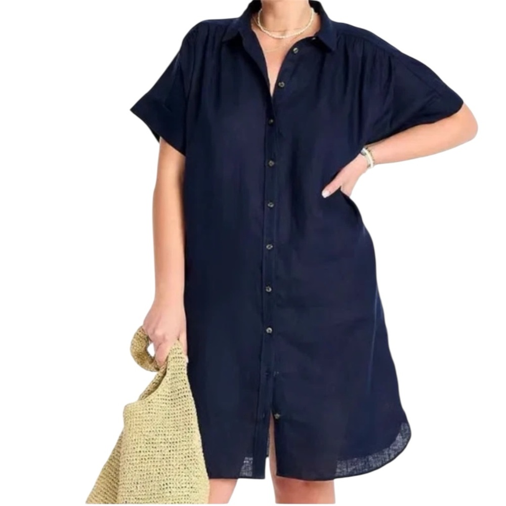 J. Crew Baird McNutt 100% Irish Linen Navy Button Up Short Sleeve Shirt Dress M